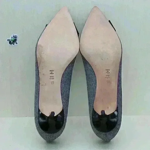 Butter Women's Grey/Black Leather Bow Tie Pointed Toe Kitten Heel Shoes Sz US 10 - Picture 10 of 11